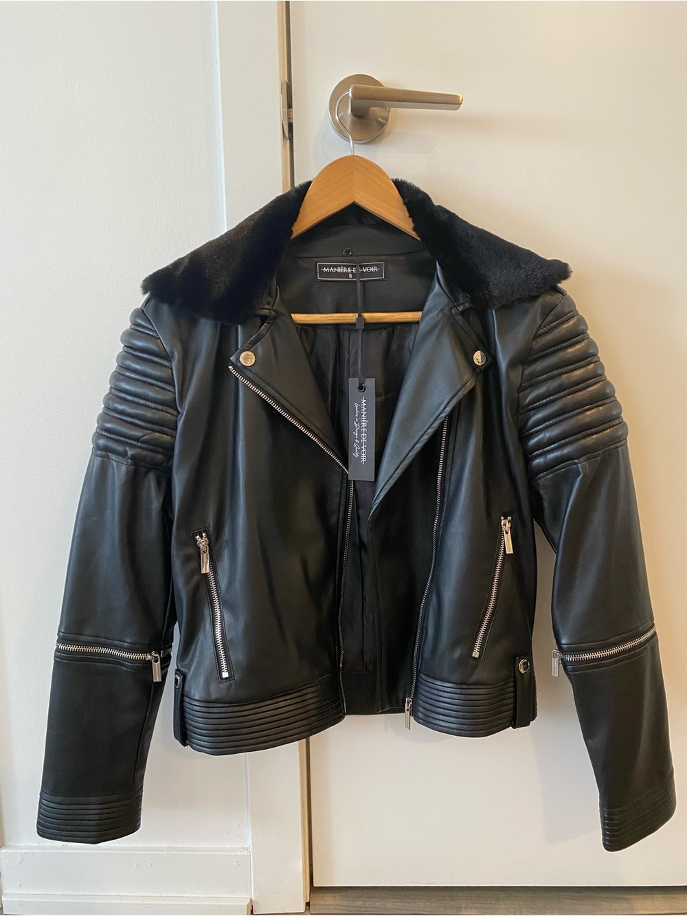 Manière de Voir Black Moto Jacket with Faux-Fur Collar - Size UK8
